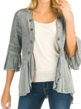 BELLA AMORE Italian Linen Blend Peplum Cardigan Boho Gray, women’s size M